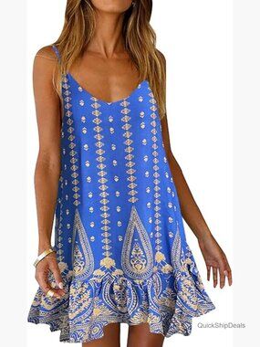 Boho Floral Printed Mini Dress with Pockets Sleeveless Summer Beach Dress